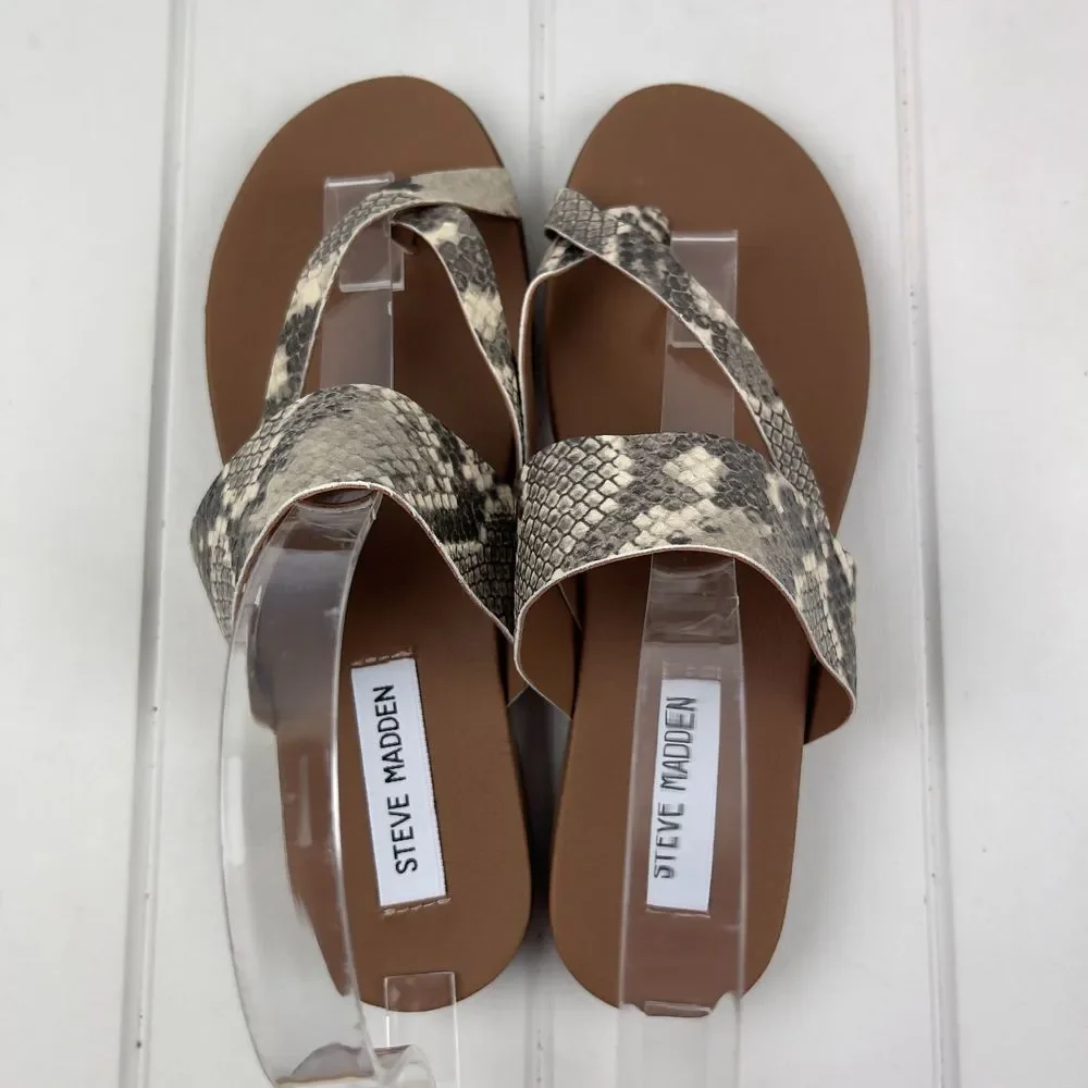 🫶STEVE MADDEN Athens Strappy Flat Sandal Natural Snake Faux Leather Size 7.5M - Picture 2 of 6